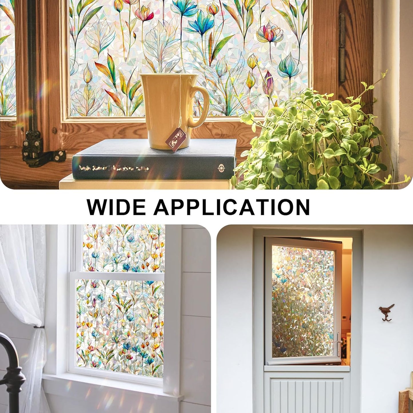 Rainbow Window Privacy Film 3D Floral Decorative Stained Glass Window Film Anti UV Non-Adhesive Reusable 17.5" x 78.7" for Home Room Car Glass Cling