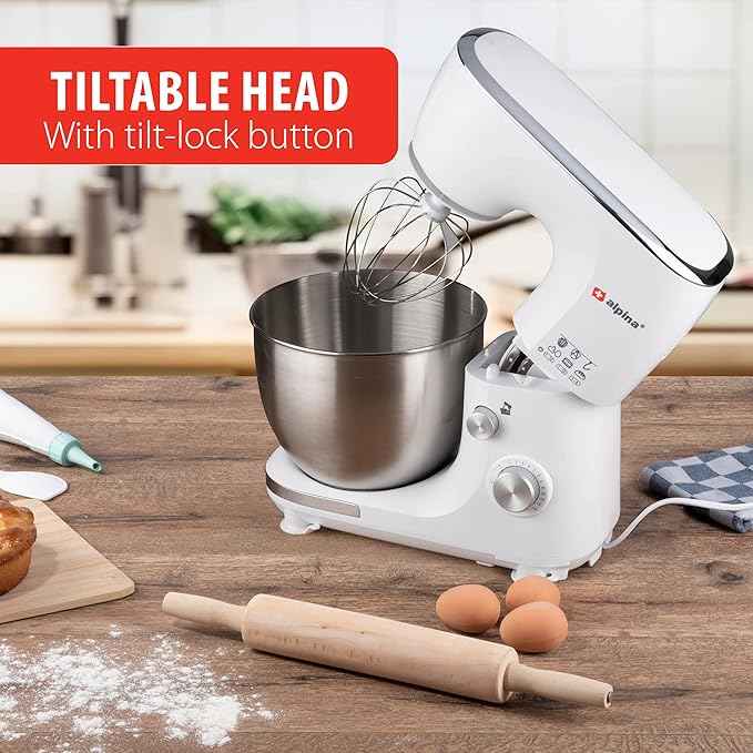alpina Kitchen Processor, Electric Mixer, Food Mixer, 3 Accessories, Stainless Steel Bowl, Bowl Lighting, Knead, Mixing, Whisk, White