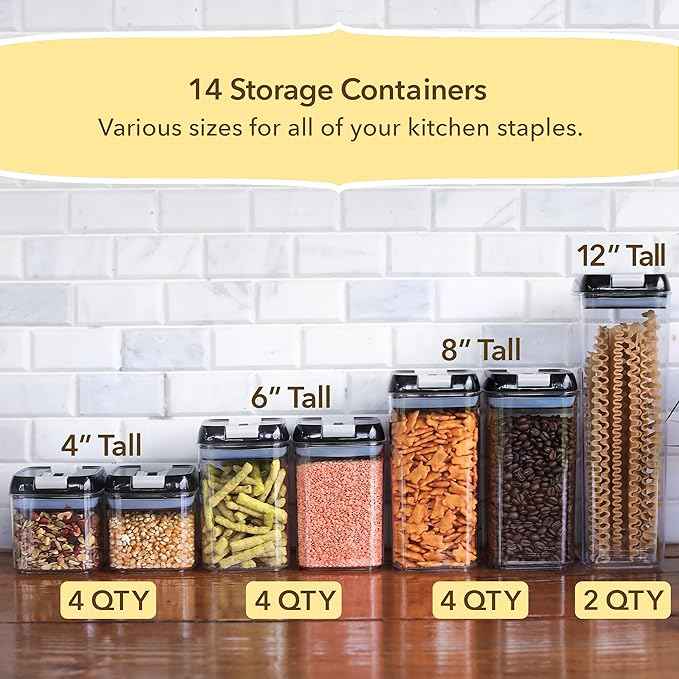 Simply Gourmet Airtight Food Storage Containers with Lids – 7 Piece Assorted Size Kitchen Pantry Organization Set, BPA-Free Clear Plastic, Stackable Containers for Cereal, Flour, Sugar, Rice, Snacks