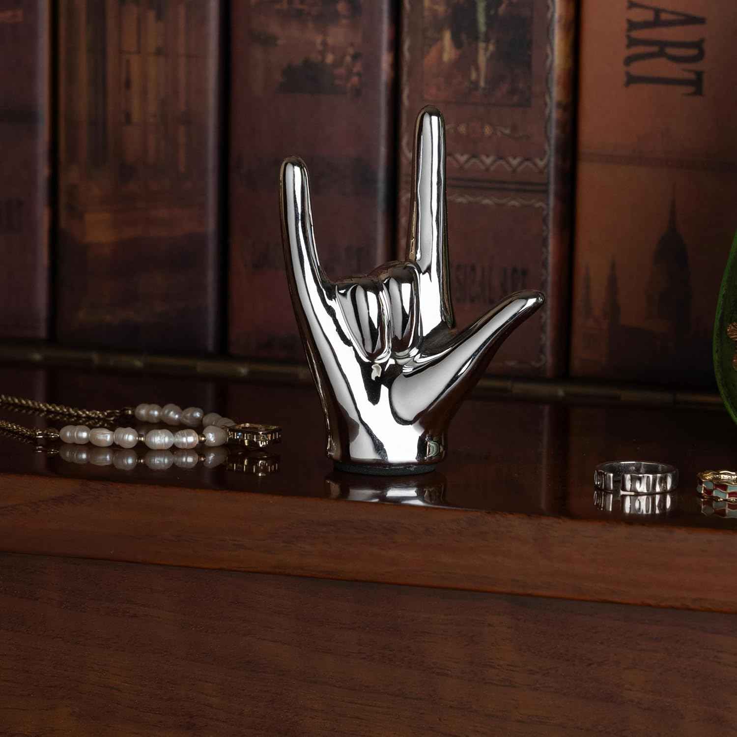 Tiny I Love You Hand Statue Gold Decor, Tiny Rock and Roll Hand Sign Desk Statue, Gold Gesture Statues and Sculptures, Ceramic Gesture Hand Sculpture Finger Statues Classic Home Decor (Silver)
