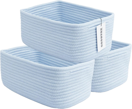 Small Woven Storage Baskets 12“X8”X5“ Decorative Rope Bins for Organizing Shelves, Closets, and Toys, Empty Gift Baskets, Cute Organizer Basket for Home and Office (blue, regular)