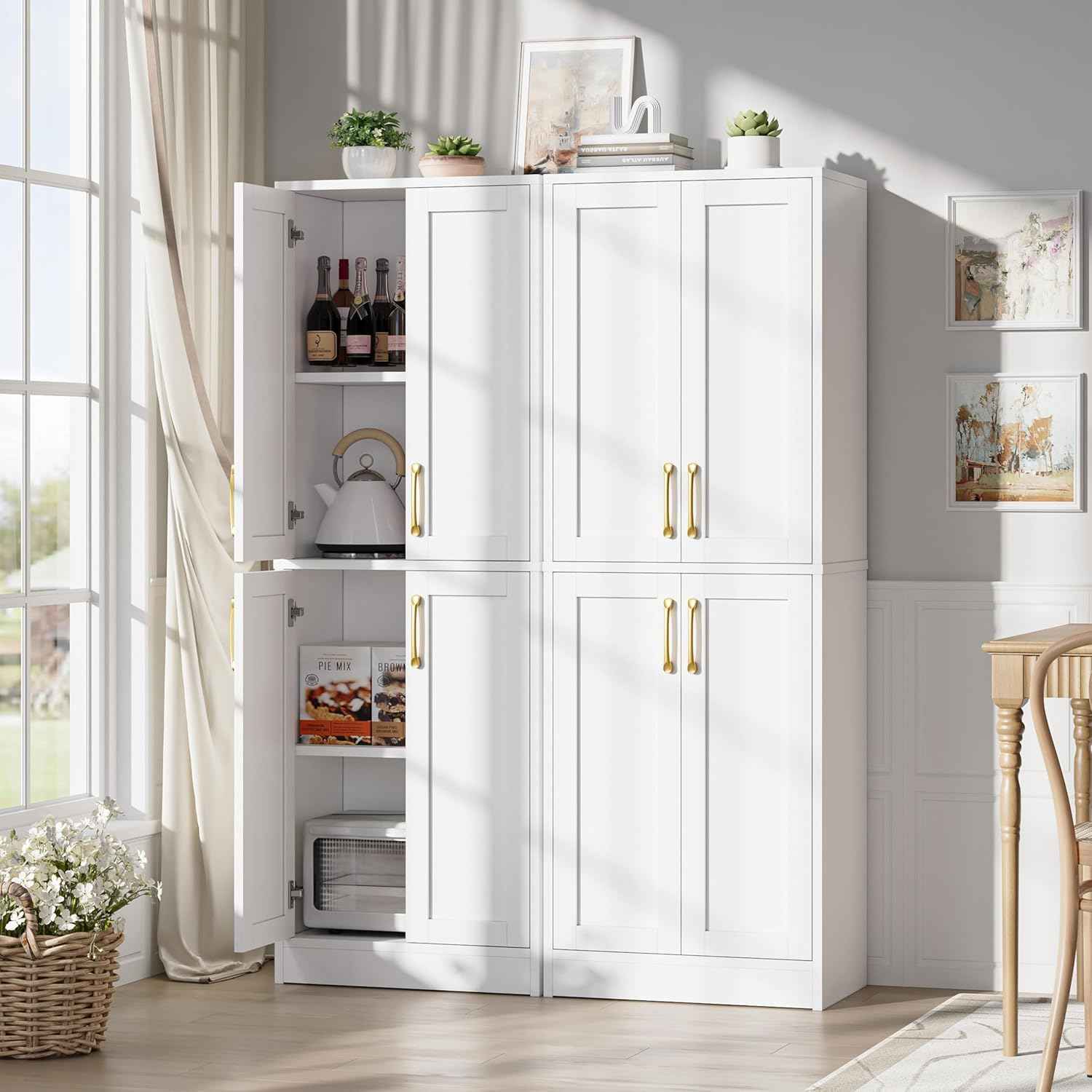 Pantry - Kitchen Pantry Cabinet with 4 Doors and Adjustable Shelves, Tall Black Cabinet Freestanding Storage Cupboard for Dining Room Living Room, Laundry, Bathroom (White)