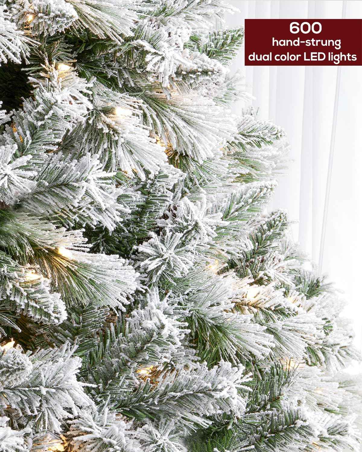 7.5FT Pre-lit Snow Flocked Christmas Tree Spruce with Remote Control, 600 Warm White Multi-Color Lights, Artificial Hinged/Feel Real/Realistic for Home, Holiday Decoration Dual Color LED