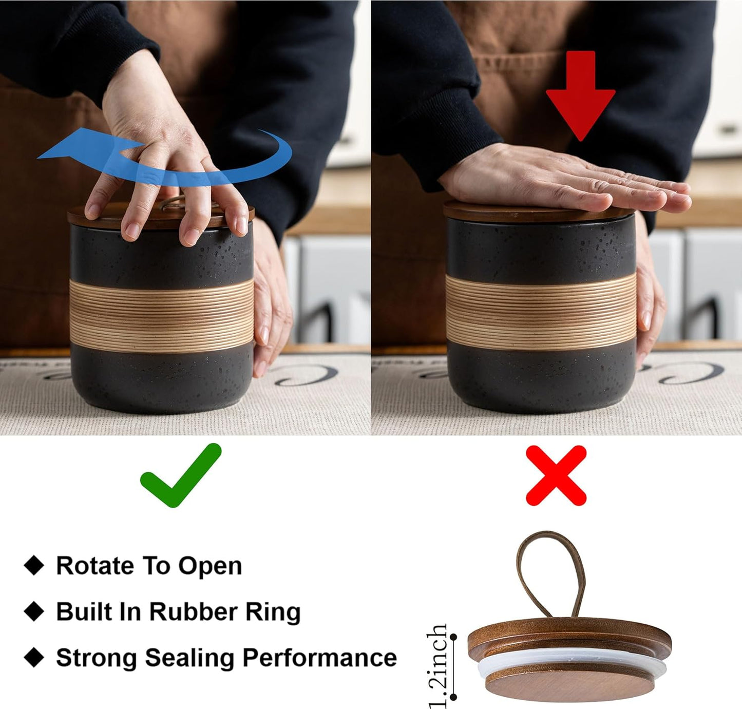 Large Storage Containers with Lids, Ceramic Coffee Container Kitchen Food Storage Jars for Spice Sugar Tea Bag, Stackable Decorative Jars for Counter, Black & 61oz