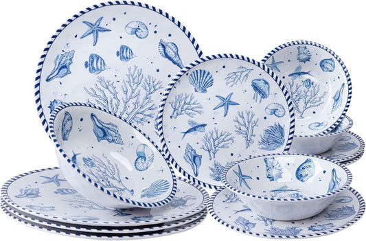 LEHAHA 12-Piece Coastal Melamine Dinnerware Set Service for 4, Unbreakable & Lightweight Round Plates and Bowls Set, Outdoor Dish Set for Patio, Camper, RV, Indoor Outdoor Use with Ocean Printed
