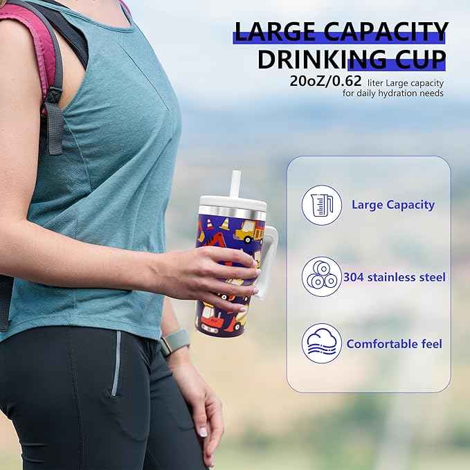 20-OZ Insulated Water Bottle,Insulated Stainless Steel Tumbler,Reusable Cold Drink Thermos,BPA-Free, Double-Wall Stainless Steel Water Bottle (Dark Blue-Construction Truck, 20, Fluid Ounces)