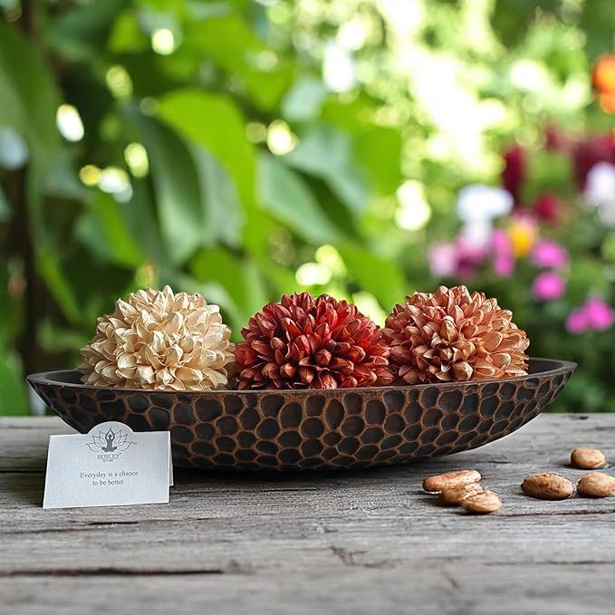 Hosley Honeycomb Wood Decor Bowl 14.3-Inch-Long Rustic Decorative Centerpiece for Dry Potpourri & Orbs, Elegant Home & Office Decor, Ideal Gift for Weddings, Spas & Reiki