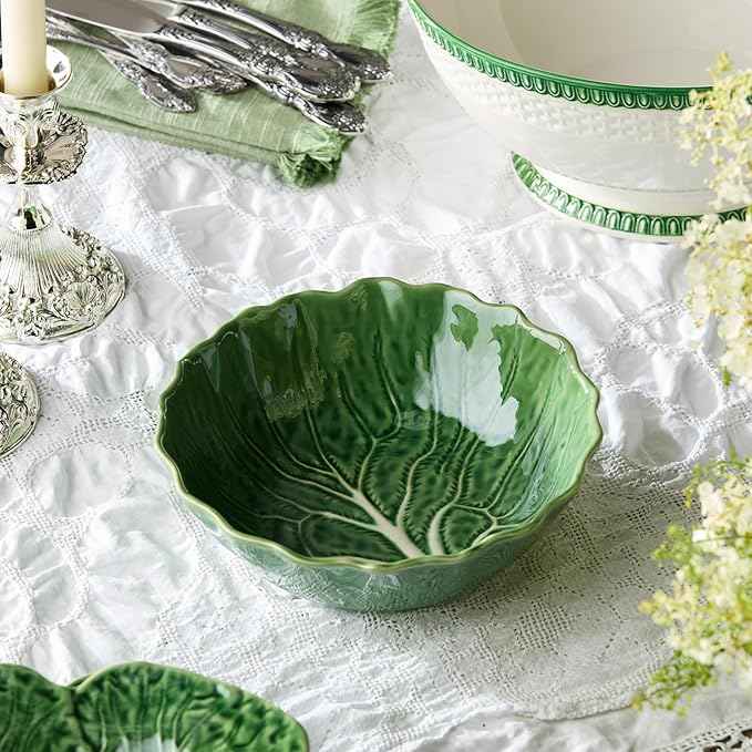 Le Jardin Cabbage 3D SOUP/CEREAL BOWLS, SET OF FOUR, 8.5" x 2.75" – Sculpted Green Stoneware Leaf Bowls– Seasonal Garden-Inspired Serveware for Soups, Salads, Pasta & Everyday Entertaining