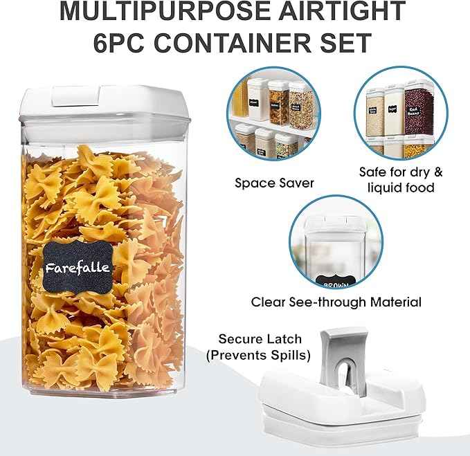 Shazo Airtight Food Storage Containers with Lids - 6 PC BPA Free Clear Plastic Cereal Containers with Easy Lock Lids for Kitchen and Pantry Organization for Snacks and Pasta - 1.2 L