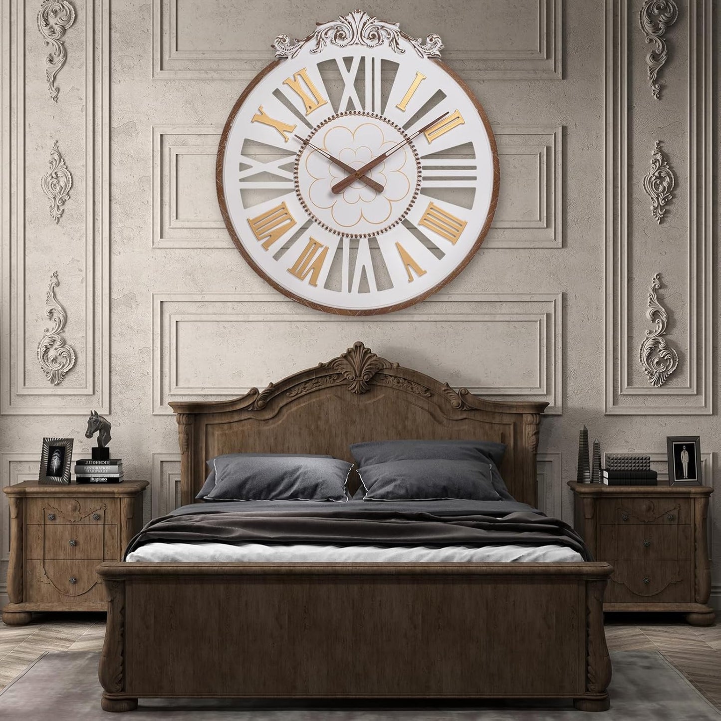 Large Wall Clock–24 Inch Farmhouse Wall Clocks -Big Boho Wood Wall Clock, Silent and Battery Operated Round Rustic Clock for Living Room, Kitchen and Office Decor, White