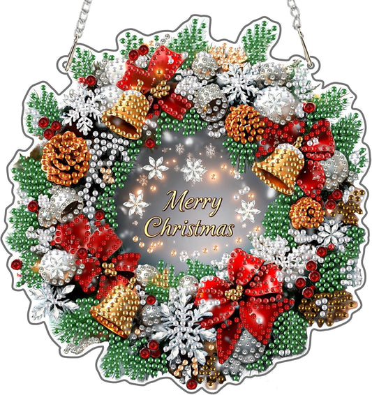 NEWENMO Diamond Art Hanging Kit for Adult, Merry Christmas Wreath, DIY Special Shaped Crystal Acrylic Diamond Art Painting Window Pendants, Diamond Painting Ornament for Home Garden Wall Decor