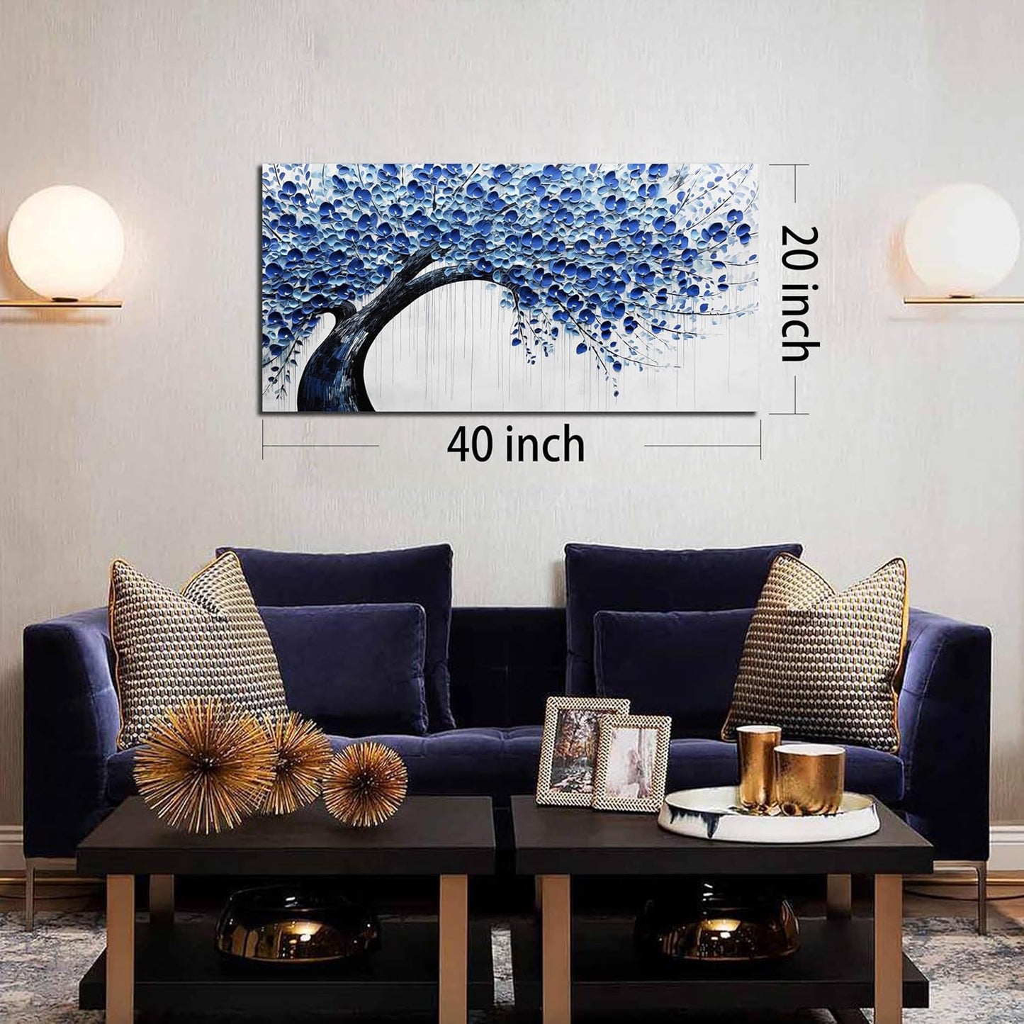 Large Wall Art for Living Room Bedroom Home Office Blue Tree of Life Wall Art Floral Picture Framed Wall Decor Modern Canvas Prints 20x40 In