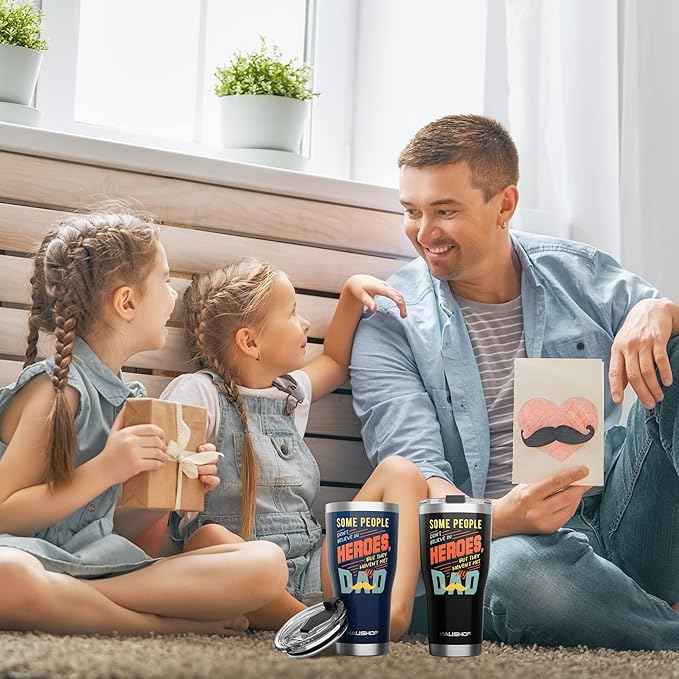 HAUSHOF Dad Gifts Tumbler 20oz Stainless Steel, Birthday Gifts for Father/Husband/Men from Daughter, Son, Kids, Wife - Heroes Dad, Black