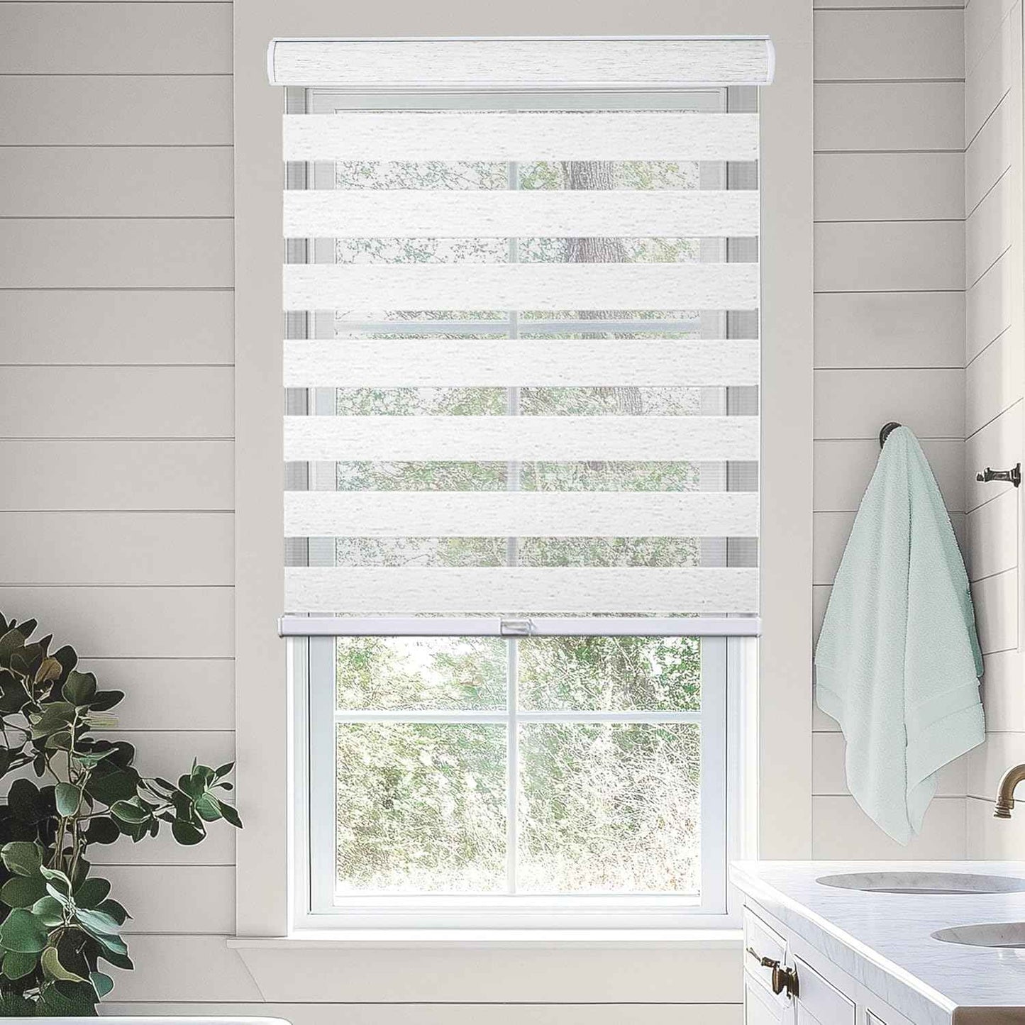 CHICOLOGY Zebra Blinds Cordless Window Shades, Dual Layer Light Filtering Roller Shades for Windows, Sheer Privacy Striped Fabric, Easy Install, 71" W x 72" H, Basic Natural