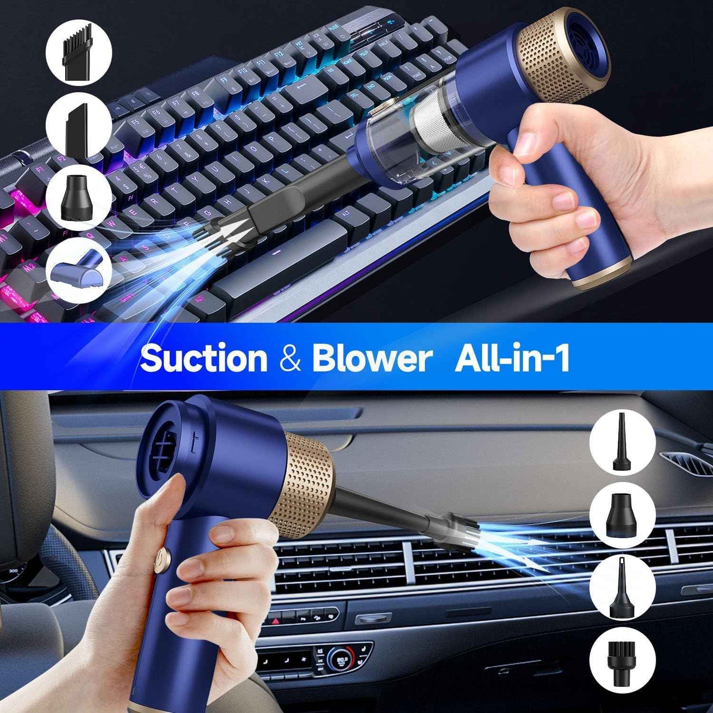 Vizeusvac Car Vacuum Cleaner, 16000PA Mini Car Vacuum Cordless Powerful, 7 in 1 Portable Handheld Vacuum Cordless with LED Light, Dual Filters, One-Touch Empty for Pet Hair, Home, Office