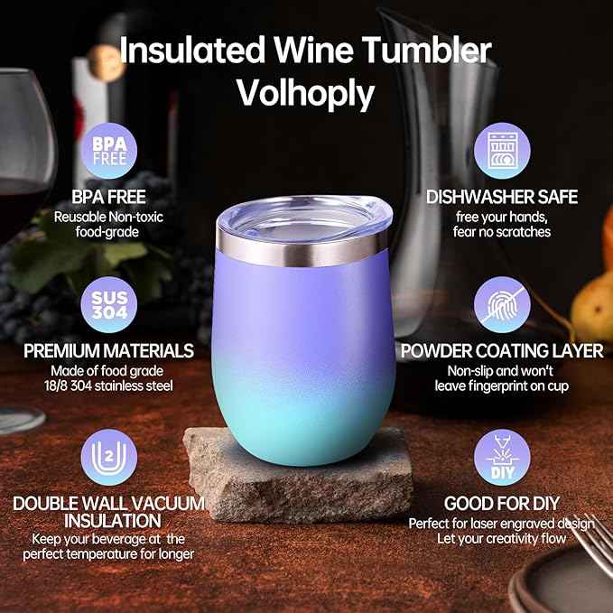 Volhoply 12oz Stainless Steel Wine Tumbler with Lid Bulk 8 Pack,Double Wall Vacuum Stemless Wine Glasses,Reusable Metal Travel Coffe Mug with Straw,Insulated Cup Gifts for Christmas（Purple Bule,8 Set）