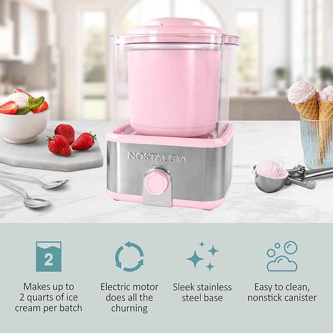 Nostalgia Electric Ice Cream Maker with 2-Qt Double Insulated Gel Canister & Stainless Steel Base - Makes Sorbet, Soft Serve, and Frozen Yogurt - Pink