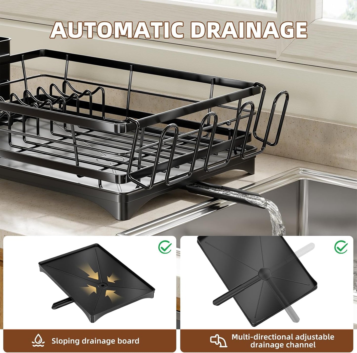 Simple Trending Dish Drying Rack for Kitchen Counter, Stainless Steel Dish Rack, Large Dish Drainer Organizer with Cutlery Holder & Cup Holders, Black