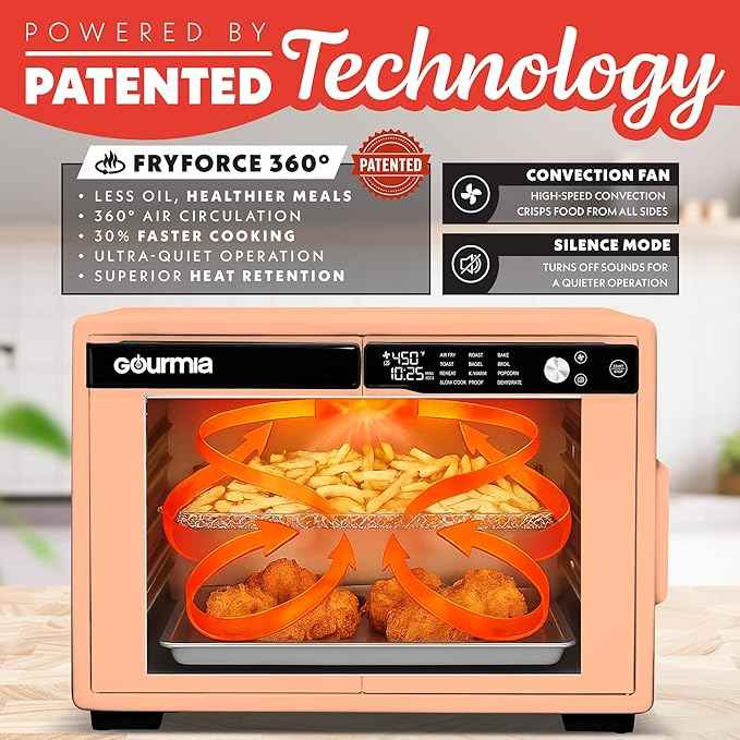 Gourmia French Door Air Fryer Oven - 37 Qt Large Capacity Convection Toaster Oven, FryForce 360°, Digital Display, 12 Cooking Presets, Dehydrate, Fits 13” Pizza, Dishwasher-Safe, Peach