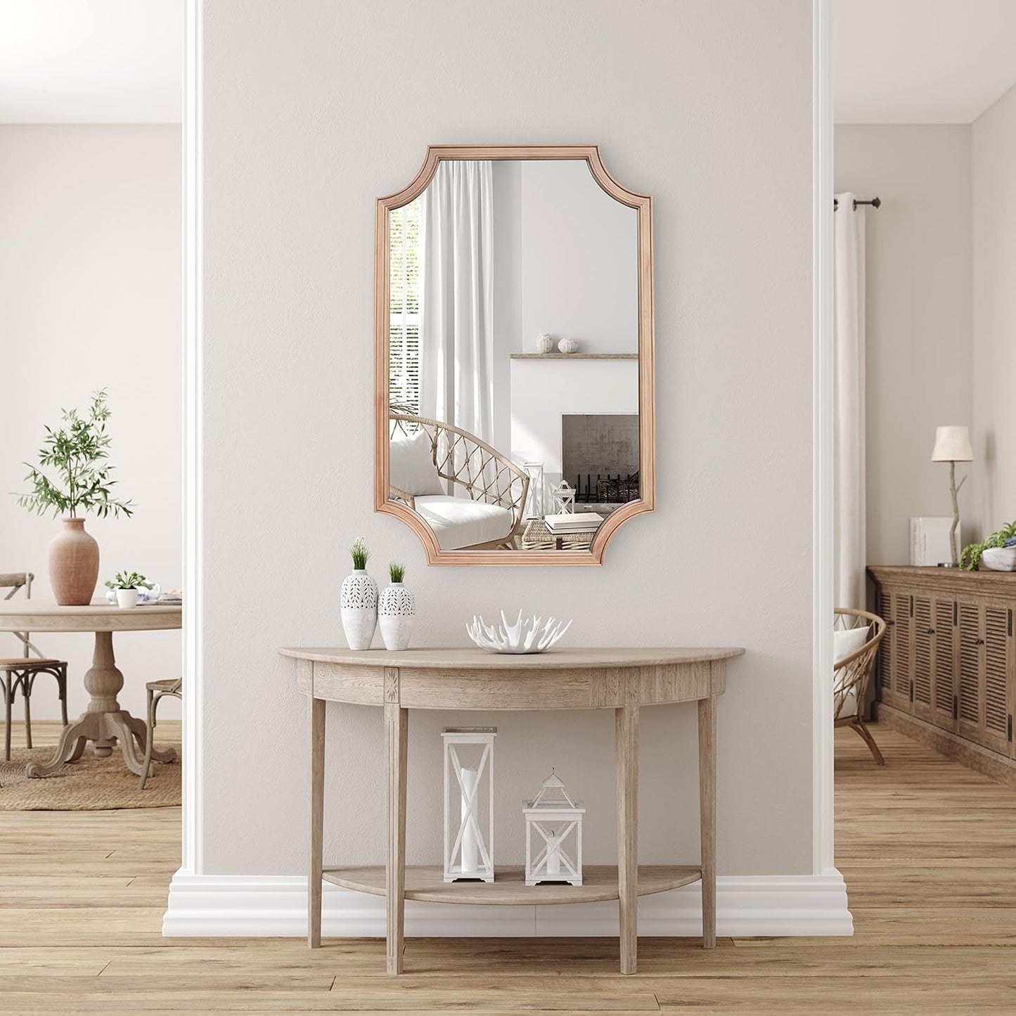 WallBeyond 24" x 36" Full Scalloped Corners Arch Rectangle Wall Mirror with Wood Frame for Entryway, Living Room or Bedroom Home Decor - Light Woodgrain [24" x 36" Natrual]