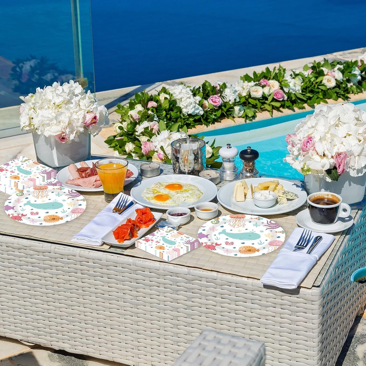 40 pcs summer pool Party Paper Plates and Napkins Disposable Party Decorations White Ocean 9 inch 20 pcs luau tropical Dessert Plates & 20 pcs Napkins Tableware for Fruit Cake