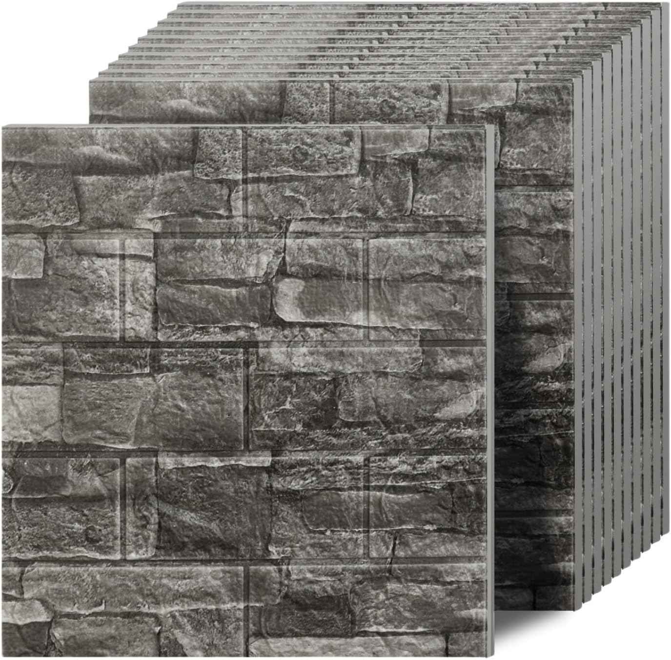 3D Wall Panels Peel and Stick in Black Grey Stone, 10 PCS XPE Foam 3D Wallpaper, Textured Faux Brick Wall Panels for Bedroom, Stairs, Kitchen