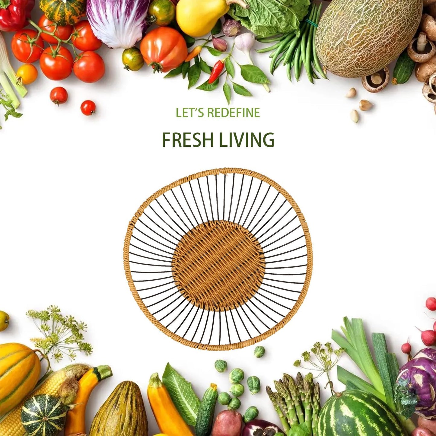 Vine Woven Iron Fruit Bowl, Metal Wire Fruit Basket, Vegetable Drain Basket, Storage Baskets for kitchen counter, countertop,Snacks, Candy, Bread,Cosmetics,Table decorative(10 x 2.95 Inches)