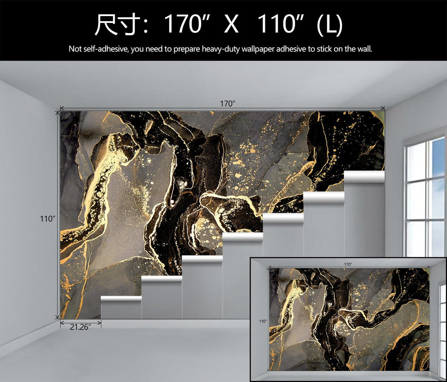 WFBHUA-Black and Golden Marble Wallpaper Modern Large Art Photo Wall Murals Living Room Bedroom Office (Not Peel and Stick)