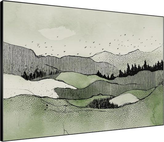SIGNWIN 46"x60" Extra Large Framed Wall Art Green Line Art Mountain Landscape Illustration for Home Living Room Bedroom Decor (Frame Assembly Required)