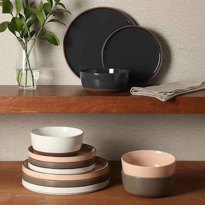 Gibson Elite Northrock Stoneware Dinnerware Set, 12-Piece Service for 4 Plates and Bowls Set – Assorted Colors Blue, White, Pink, Gray Dishes with Hand-Painted Terracotta Base