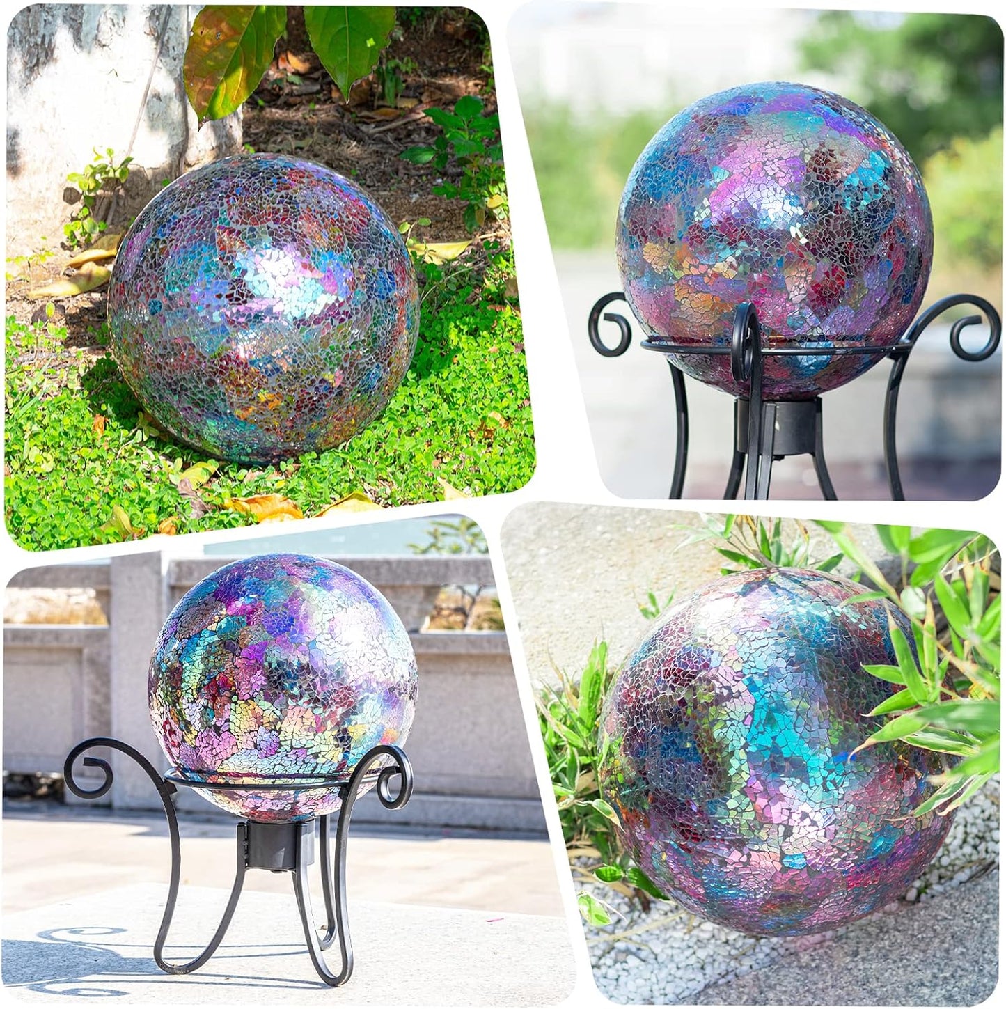 VCUTEKA Gazing Ball, Iridescent Crackled Glass Mosaic Gazing Balls Sphere for Garden Lawn Outdoor Ornament Yard Decorative, 10-Inch, Purple