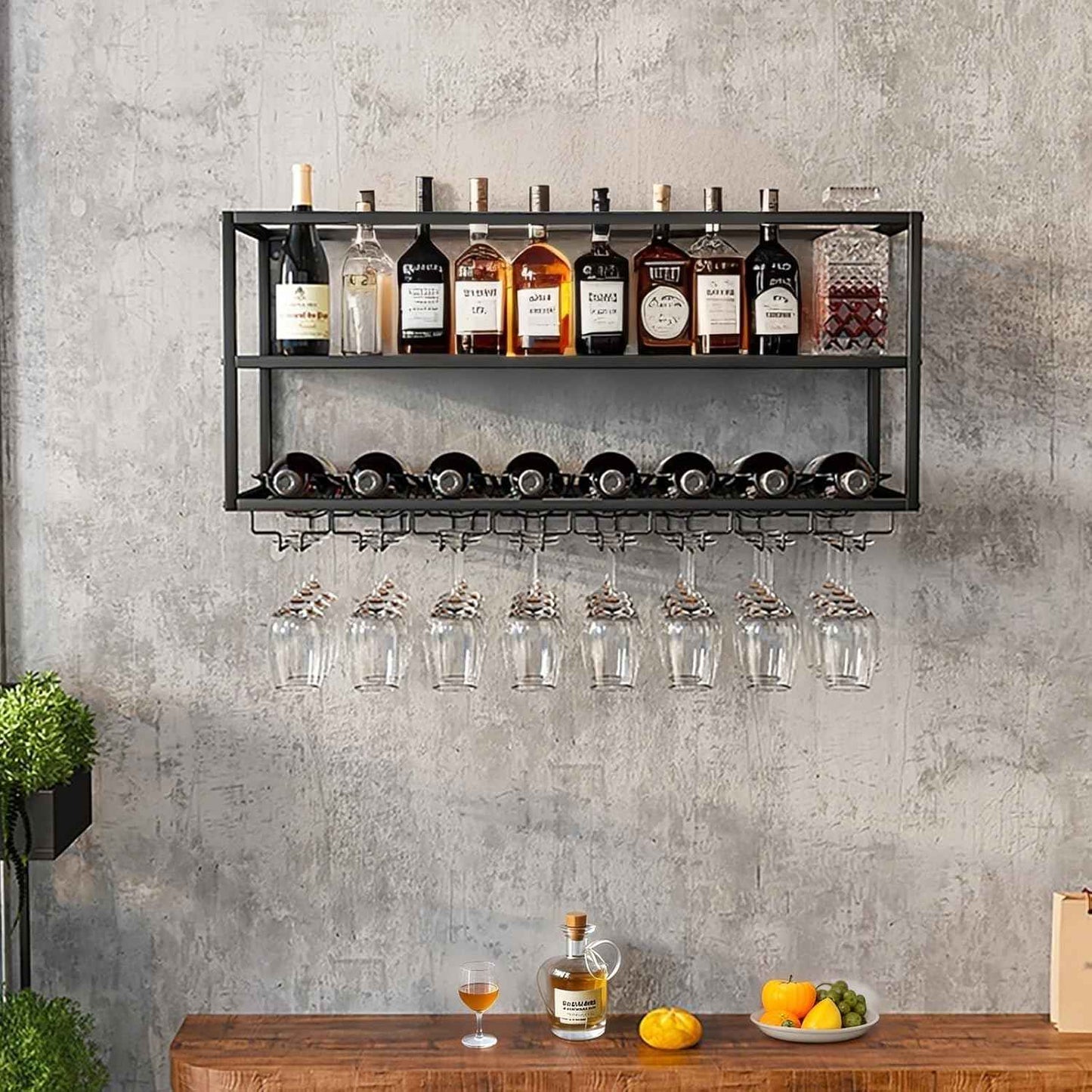 Modern Wine Rack Wall Mounted with Glass Holder,Metal Liquor Shelf, Floating Bar Shelves,Liquor Bottle Display Shelf,Hanging Large Capacity Wine Storage Racks for Home Kitchen Dining Room