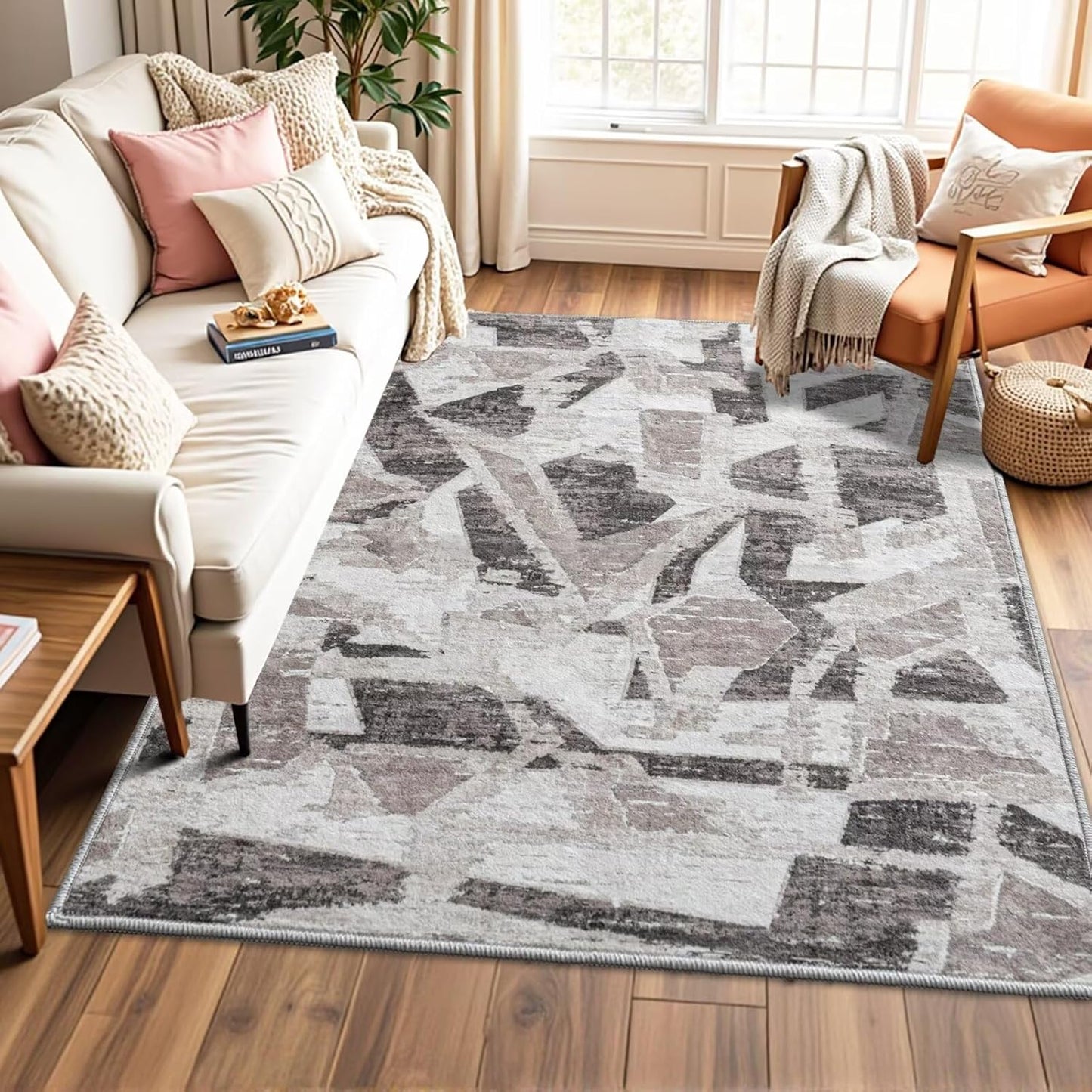 Modern Abstract 6X9 Area Rug for Living Room Bedroom Washable, with Non-Slip Rubber Backing Print Faux Wool Thin, Grey Throw Large Carpet for Kids Playroom Dining Room Pet & Child Friendly