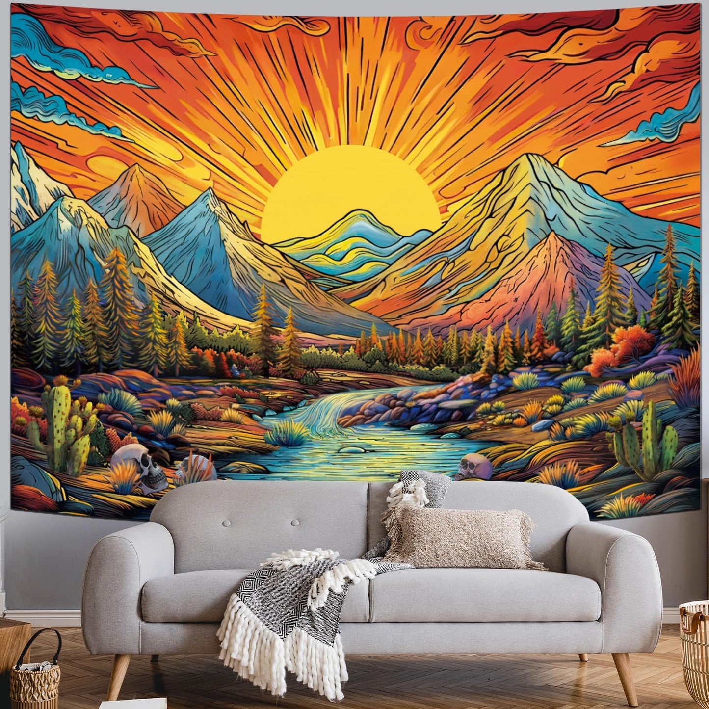 Serborlur Boho Sun Mountain Tapestry Trippy Forest Tree Tapestries Vintage Aesthetic Plant Magical River Wall Tapestry Nature Landscape Wall Hanging for Bedroom Living Room (59.1 × 78.7 inches)