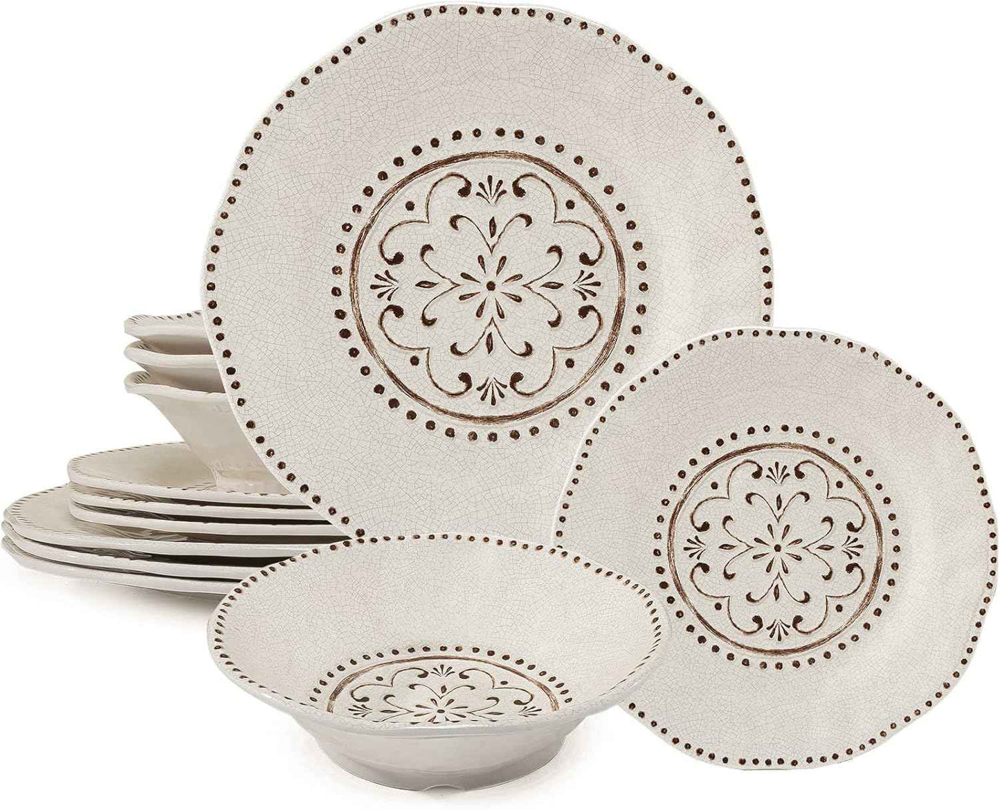 LEHAHA Beaded Crackle 12 Piece Melamine Camping Dinnerware Set, Plates and Bowls Sets, Indoor and Outdoor Use, Break-Resistant Rustic RV Dishes Set, Service for 4(Ivory)…