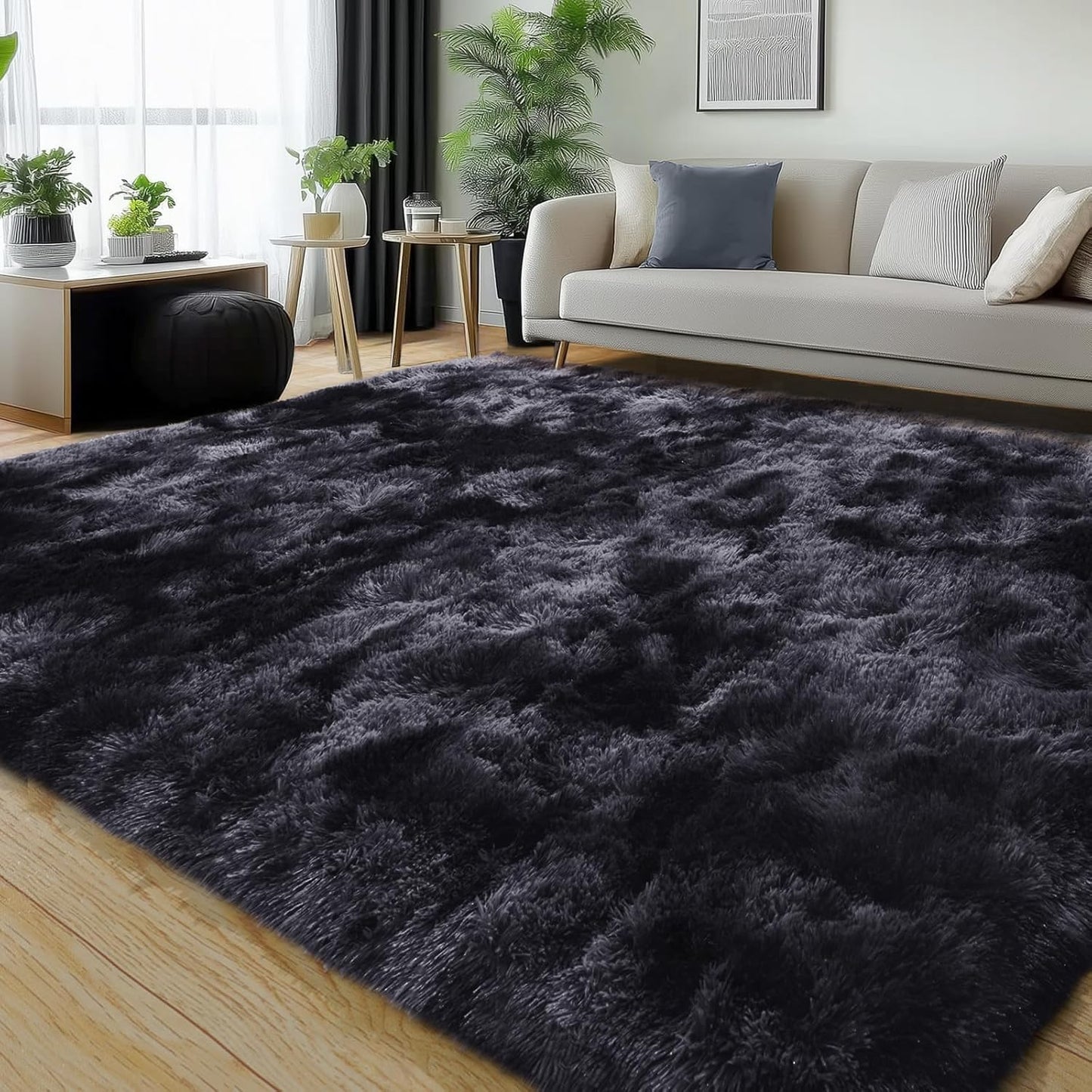Rezutan Area Rugs 9x12 Living Room, Large Fluffy Rug for Bedroom, Soft Shag Shaggy Fuzzy Carpets for Boys and Girls Dorm Room Home Decor Aesthetic,Black Grey Tie-Dyed.