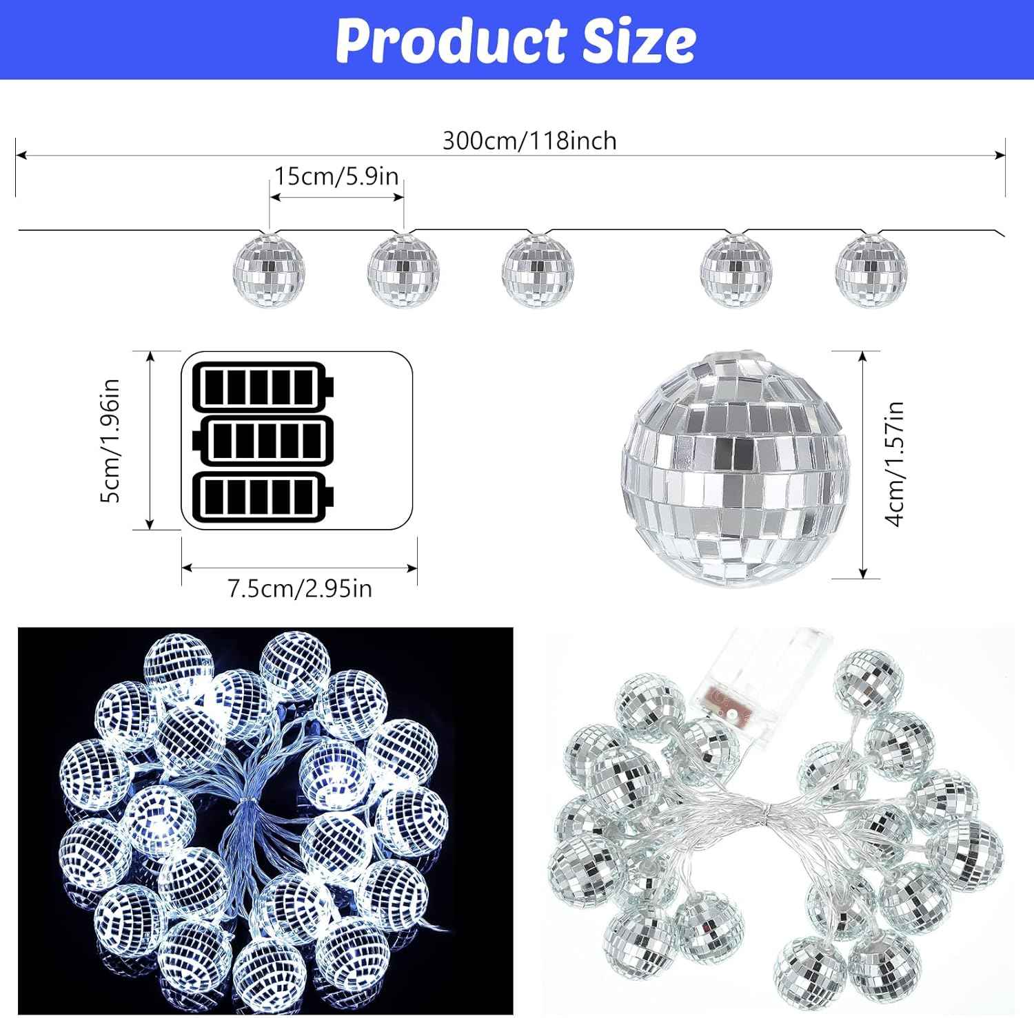 40 LED Disco Ball String Lights 70s Decorations 9.8 ft Mirror Disco Light Battery Operated Ball Globe Ornaments for Christmas Wall Tree Indoor Outdoor Party Supply(White Silver)