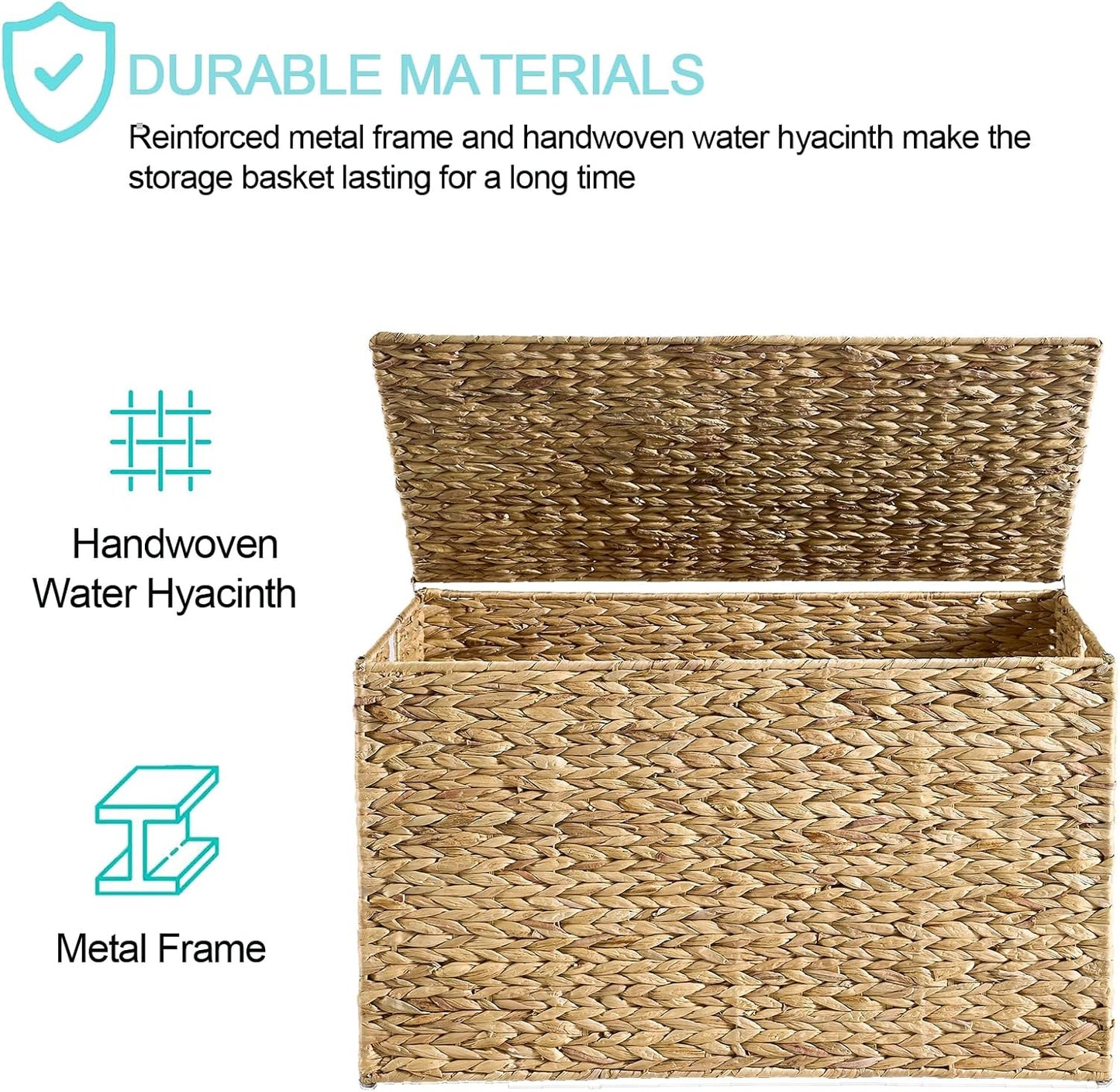 Water Hyacinth Storage Basket with Lid, 27.7 Gallon (105L) Blanket Storage Basket with Handles, Woven Storage Bin, Foldable, Metal Frame, for Bedroom, Laundry Room, Natural