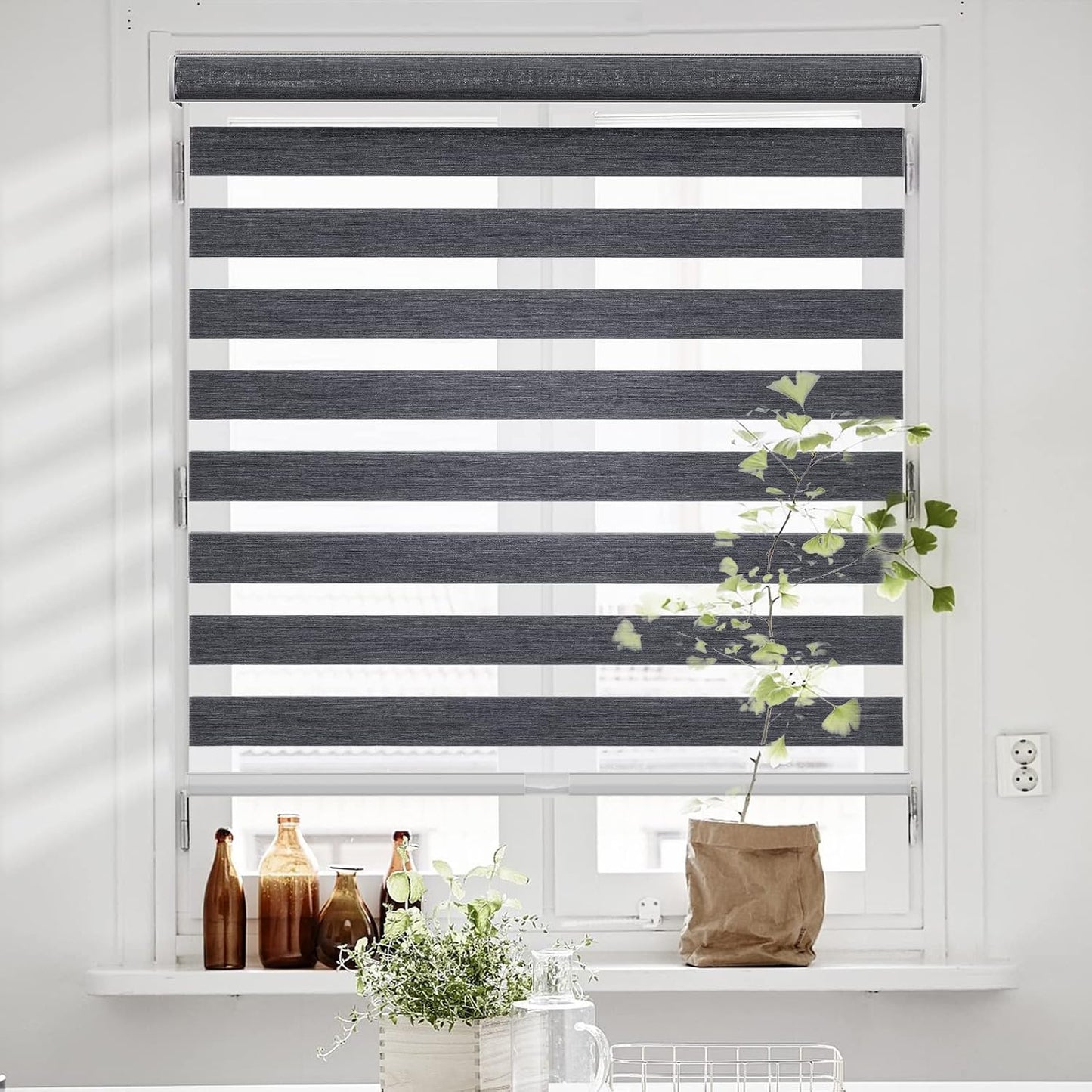 Persilux Custom Size Cordless Zebra Blinds for Windows with Jacquard Pattern Privacy Protection Roller Shades Light Filtering Sheer Window Shades for Home, Office and Door Dark Grey
