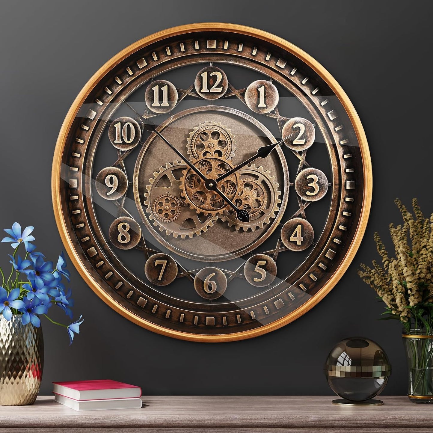 24 Inch Wall Clock with Moving Gears Large Industrial Steampunk Metal Clock Antique Gold Oversized Farmhouse Decor Wall Clock for Living Room Home Office(Bronze Brown-Arabic Numerals)