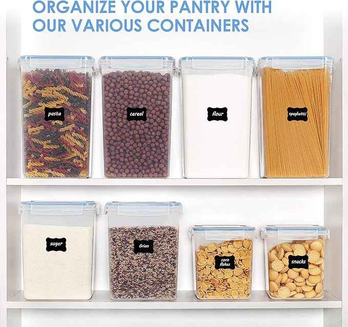 Vtopmart Extra Large Tall Airtight Food Storage Containers 4 Pieces 5.9qt / 6.5L-Plastic PBA Free Kitchen Pantry Canister for Spaghetti, Flour and Baking Supplies - Include 24 Labels, Blue