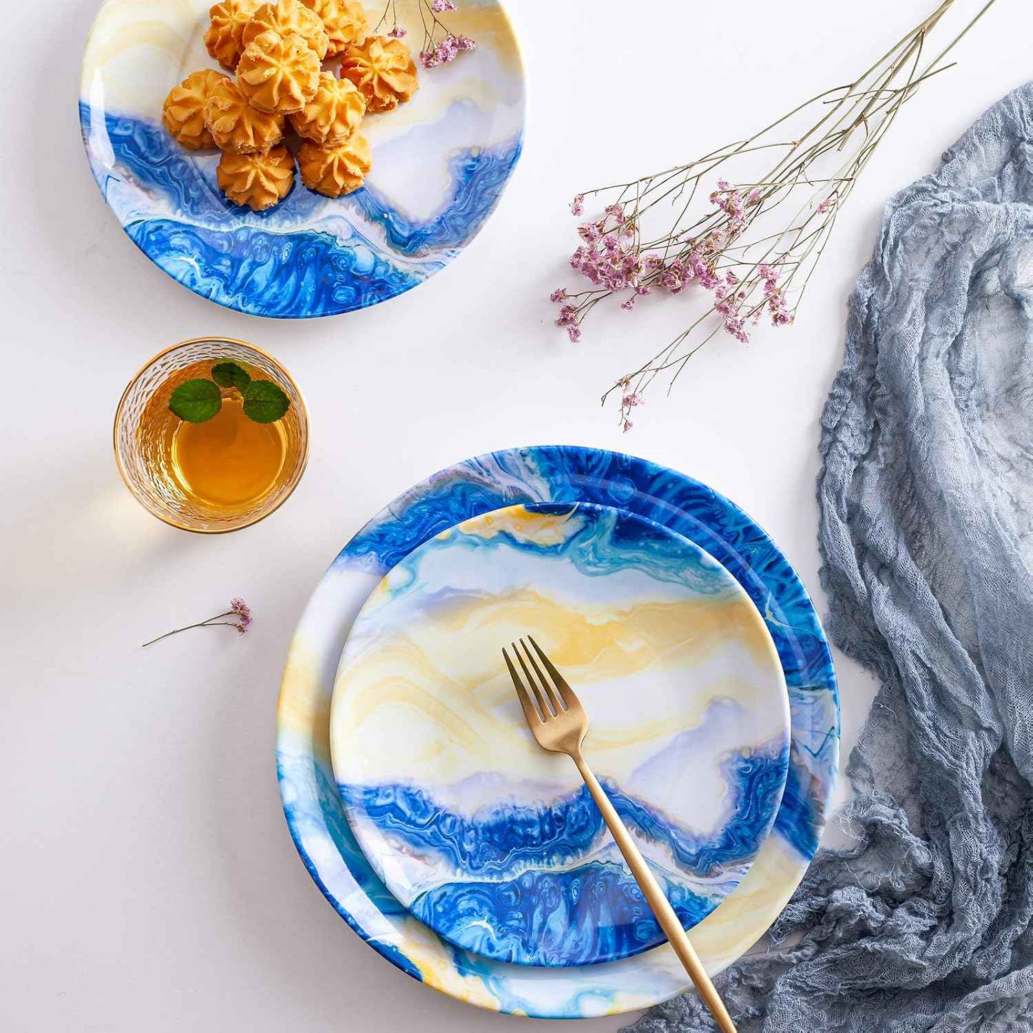 12 Pcs Melamine Dinnerware Set - Indoor and Outdoor Durable Plastic Dishes Dishware，Melamine Dinner Plates and Bowls Sets Service for 4，Lightweight Unbreakable（Landscape Painting）