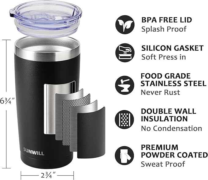SUNWILL Travel Coffee Tumbler 20 oz, Insulated Mug with Lid, Stainless Steel Cup for Outdoor, Powder Coated Black