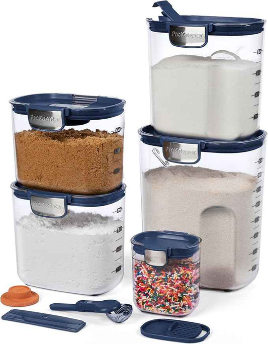 ProKeeper+ Airtight Food Storage Container Set – Clear Plastic Flour and Sugar Canister Set with Magnetic Accessories for Kitchen Organization (Navy, 9-Piece)