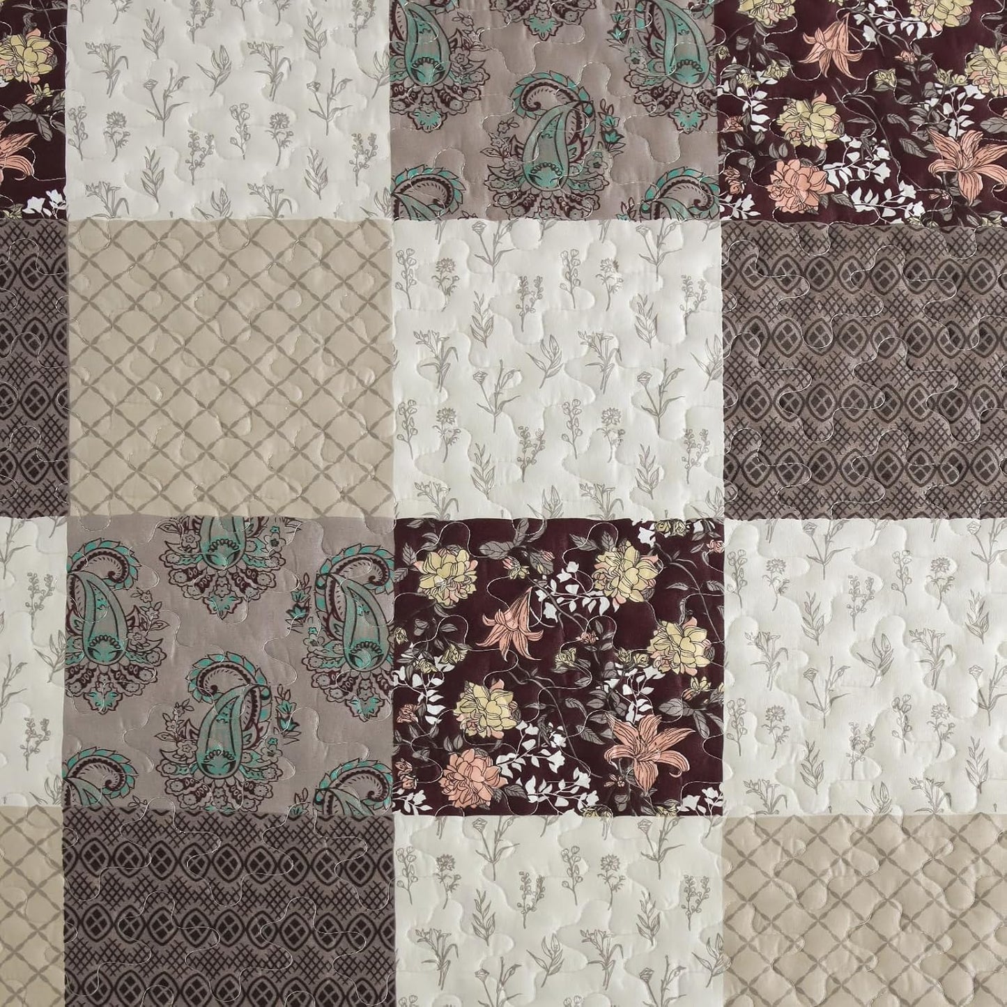 Xruibed Floral Plaid Patchwork Fall Quilt Set Queen Size 3 Pieces Taupe Beige Khaki Bedspread Set Reversible Quilt Bedding Set Microfiber Bedding Bedspread Coverlet Set for All Season(Queen 96"x90")