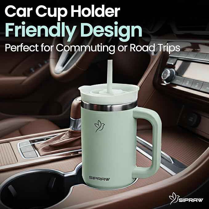 30oz Tumbler with Handle and Straw Insulated Stainless Steel Travel Mug Vacuum Double Wall Coffee Cup Leak Resistant Lid BPA-Free Cup Holder Friendly for Hot & Cold Drinks, Pastel Green
