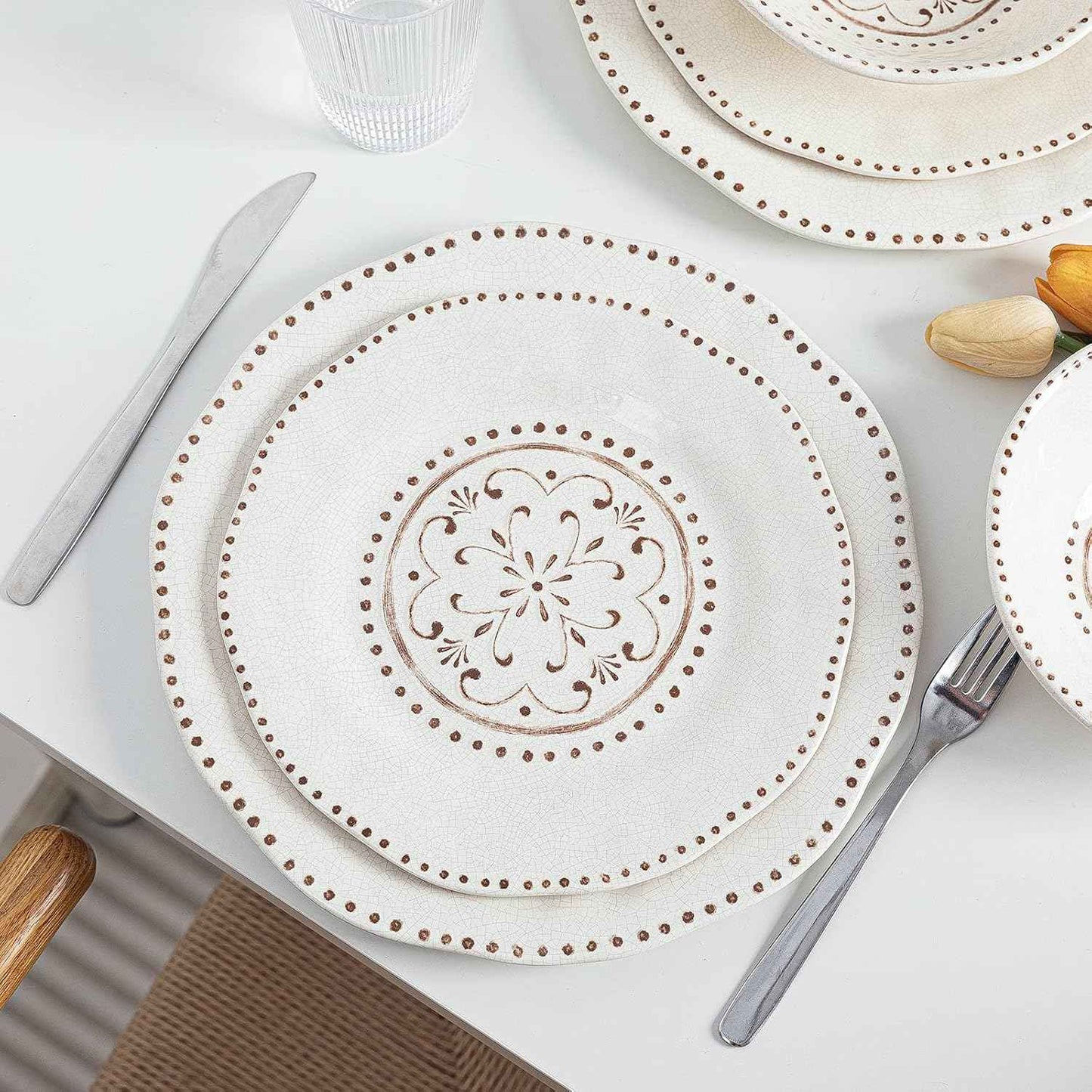 LEHAHA Beaded Crackle 12 Piece Melamine Camping Dinnerware Set, Plates and Bowls Sets, Indoor and Outdoor Use, Break-Resistant Rustic RV Dishes Set, Service for 4(Ivory)…