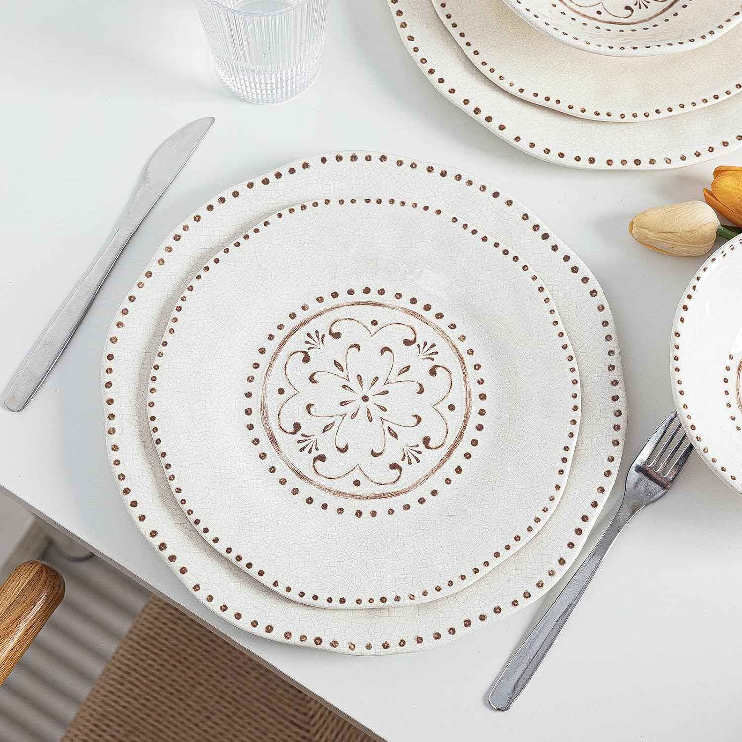 LEHAHA Beaded Crackle 12 Piece Melamine Camping Dinnerware Set, Plates and Bowls Sets, Indoor and Outdoor Use, Break-Resistant Rustic RV Dishes Set, Service for 4(Ivory)…