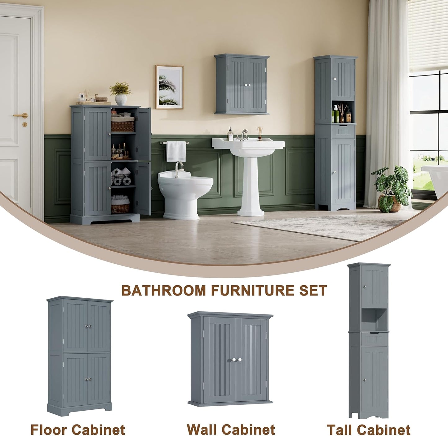 ChooChoo Bathroom Floor Cabinet, Modern Bathroom Storage Cabinet with 4 Doors and Adjustable Shelves, Freestanding Cupboard for Living Room, Grey