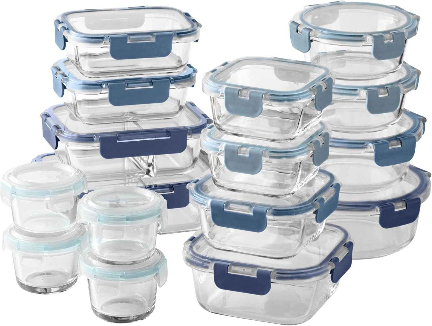 COOK WITH COLOR Premium 32-Pc. Borosilicate Glass Food Container Set with Dividers - 4 Rectangles, 8 Rounds, 4 Squares - Leakproof Lids - Meal Prep, Storage, Ombre Blue